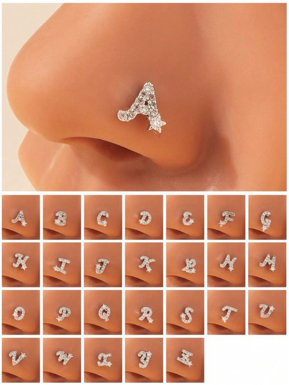 Crystal Initial A Nose Stud - Silver Letter K Nose Piercing